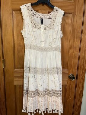Sleeveless Cream Crochet-Trim Midi Dress